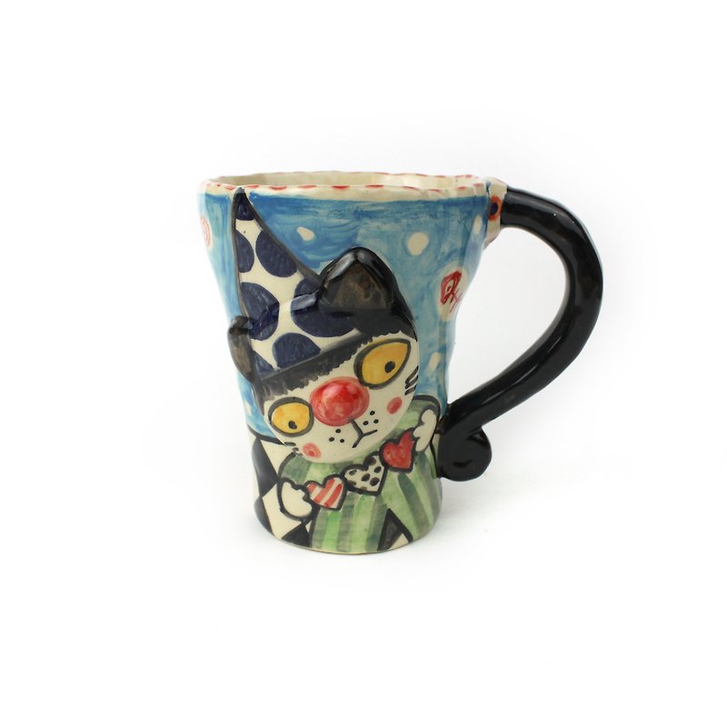 Nice Little Clay Handmade Bell Cup Clown Cat 0101-108 - แก้วมัค/แก้วกาแฟ - ดินเผา ขาว