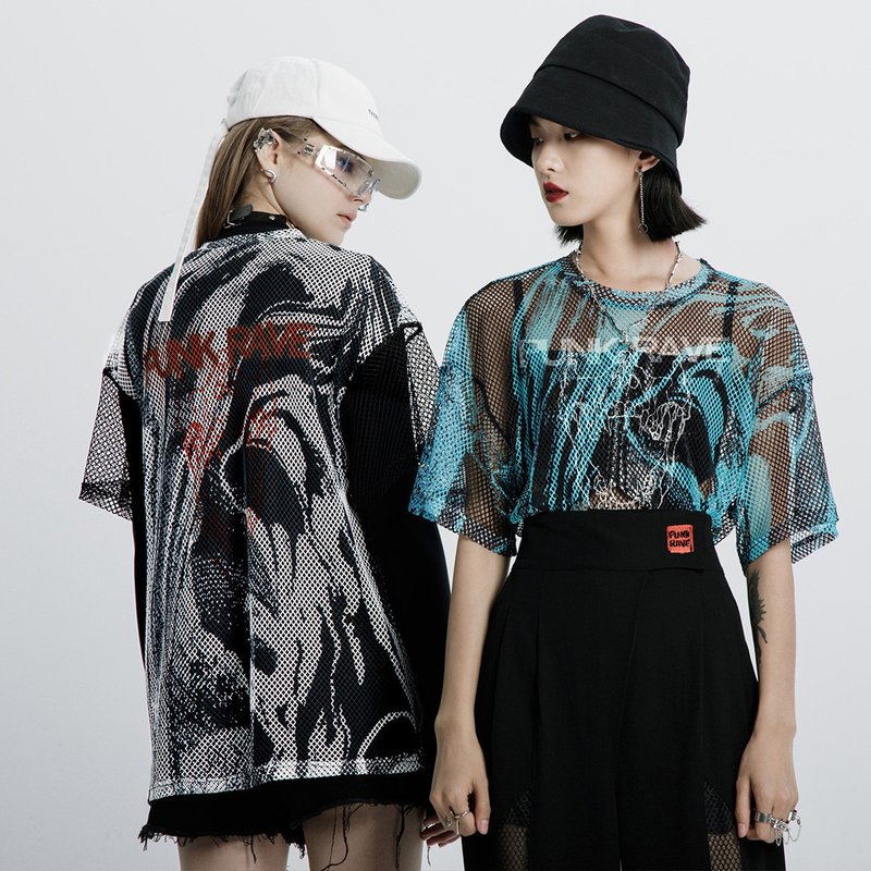 賽博龐克海潮網格上衣 - 多色 / 寬鬆版型 / 情侶款 - 女上衣/長袖上衣 - 其他材質 藍色