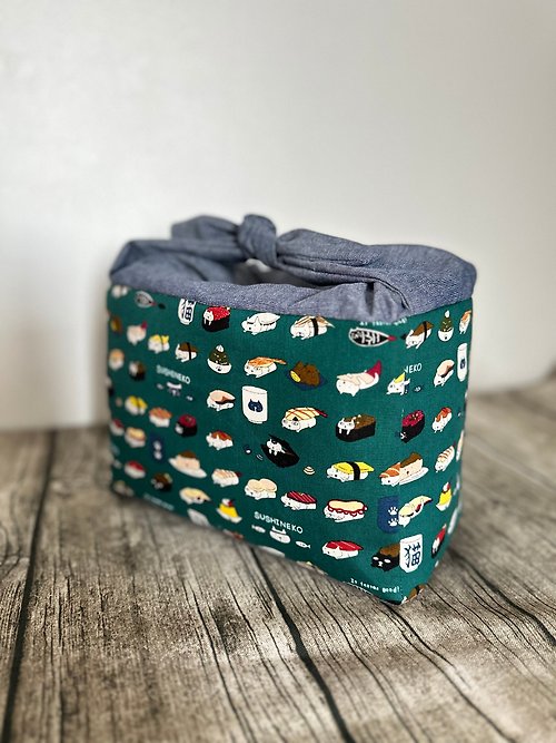 sunflowercorsage 原創手工縫製午餐包便當袋 和風可愛壽司貓圖案 日式蝴蝶結綁帶