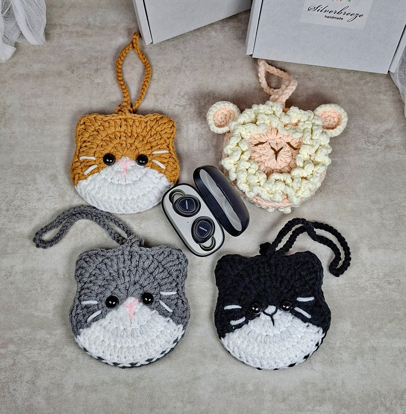 耳機包 可愛貓咪耳機袋 掛飾 鑰匙包 綿羊耳機包  生日禮物 - AirPods/耳機保護套 - 棉．麻 黑色