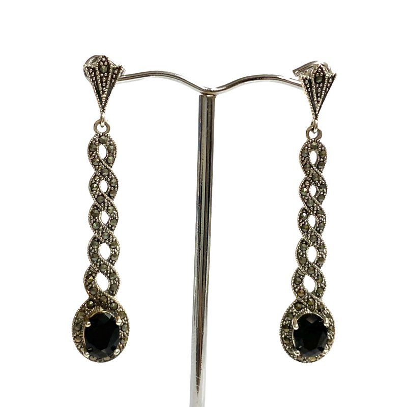 Art Deco Style Black Onyx, Marcasite Large Spiral Earrings 925 Sterling Silver - ต่างหู - เงินแท้ สีเงิน