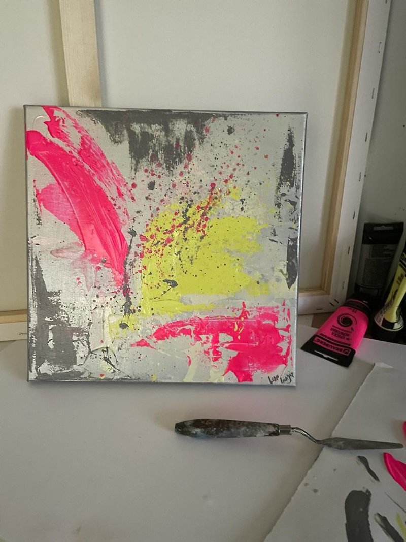 Pink Abstract Art Minimalist Yellow Painting Abstract Decor Kitchen Acrylic Art - ตกแต่งผนัง - อะคริลิค สึชมพู