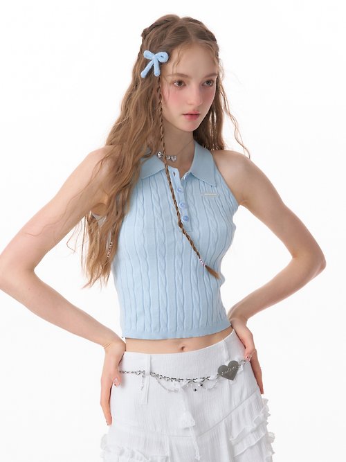 SERIOUS ZIZIFEI ziziFei夏季新款美式復古無袖上衣短款外穿修身polo領針織背心女