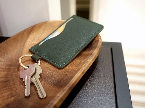 fourjei Leather Card Holder in green with key ring, house key, access card holder