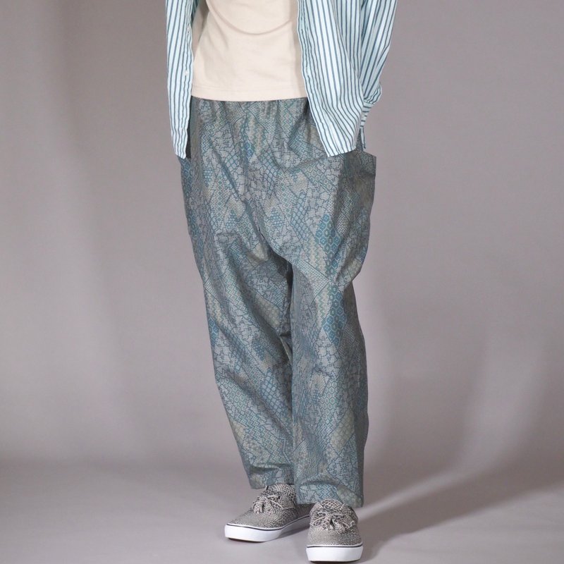 【日本製造】復古和服翻拍、諾拉褲、錐形寬腿、均碼、寬鬆褲 - 男長褲/休閒褲 - 絲．絹 藍色