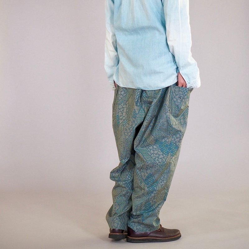 【日本製】vintage Kimono remake, Nora Pants, Tapered Wide Leg, free size - Men's Pants - Silk Blue
