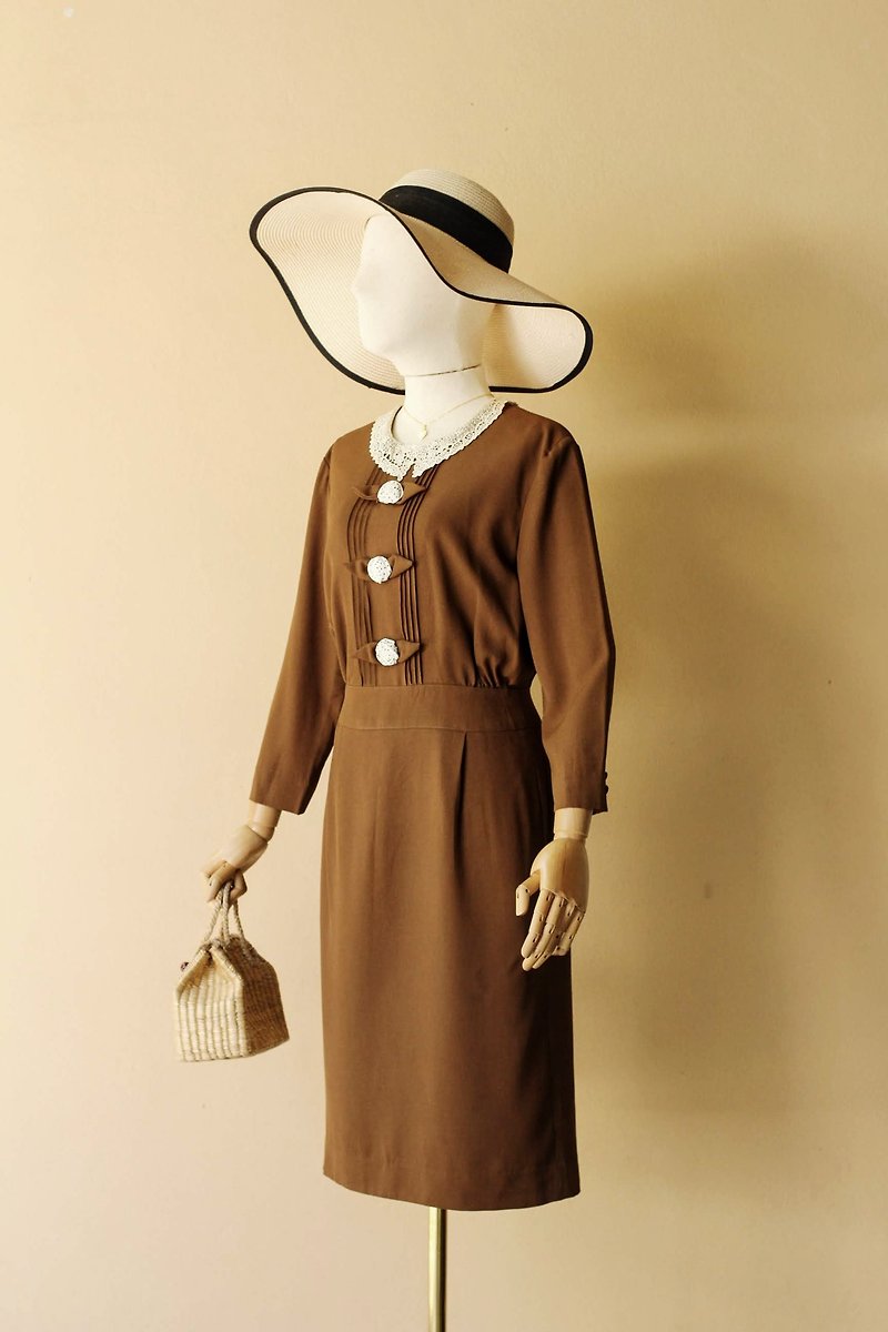 VINTAGE dress 1940s brown dress classic look - ชุดเดรส - เส้นใยสังเคราะห์ สีนำ้ตาล