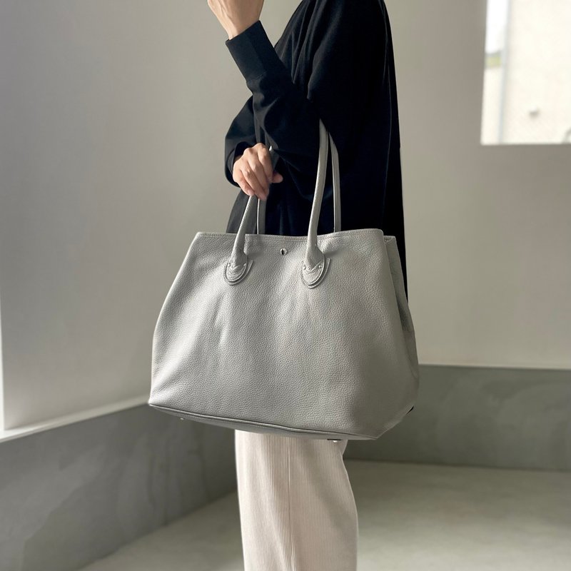 [2024 New Size] Italian Leather Tote Bag Large Capacity Compatible with A4 Shoulder Bag M Size [Gray] - Handbags & Totes - Genuine Leather Gray