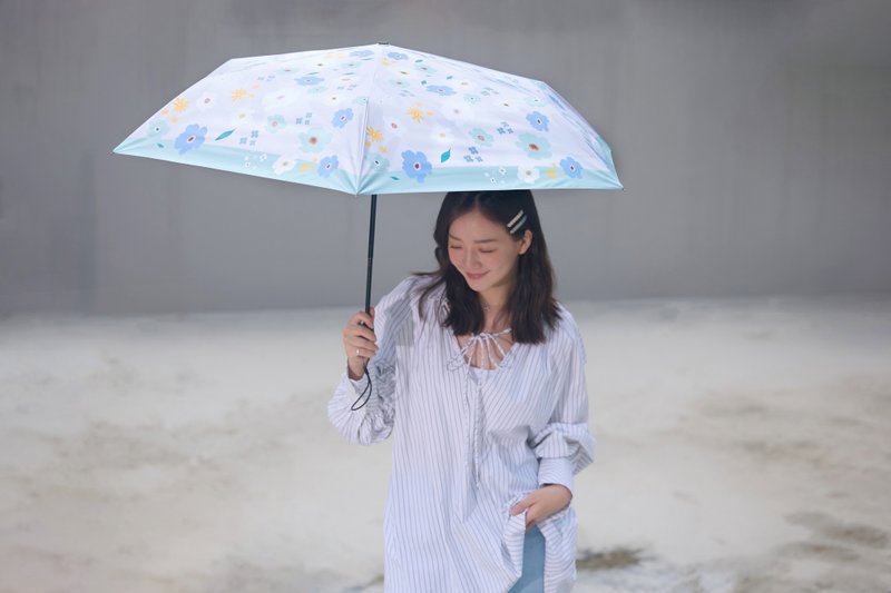 【rento】防曬黑膠安全自動傘-繽紛花舞(灰藍) - 雨傘/雨衣 - 防水材質 藍色