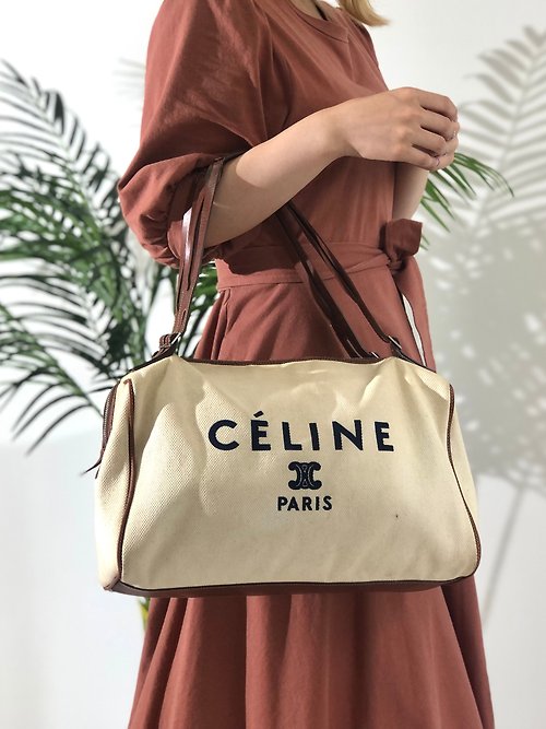 Japan direct shipment name card used package] CELINE Celine logo canvas x  leather Boston bag white x Brown vintage Old Celine rxrarg - Shop solo- vintage Handbags & Totes - Pinkoi