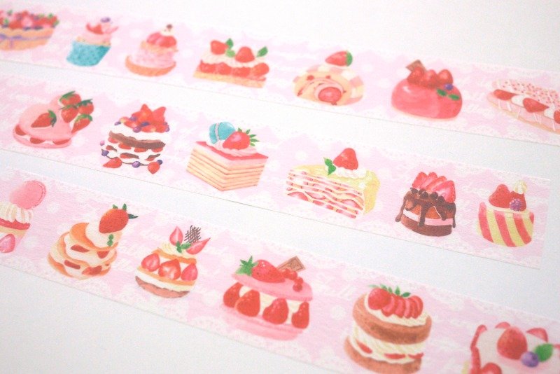 Strawberry cake (watercolor) and paper tape-2.5cm x 10M (50cm cycle diagram) - Washi Tape - Paper Pink