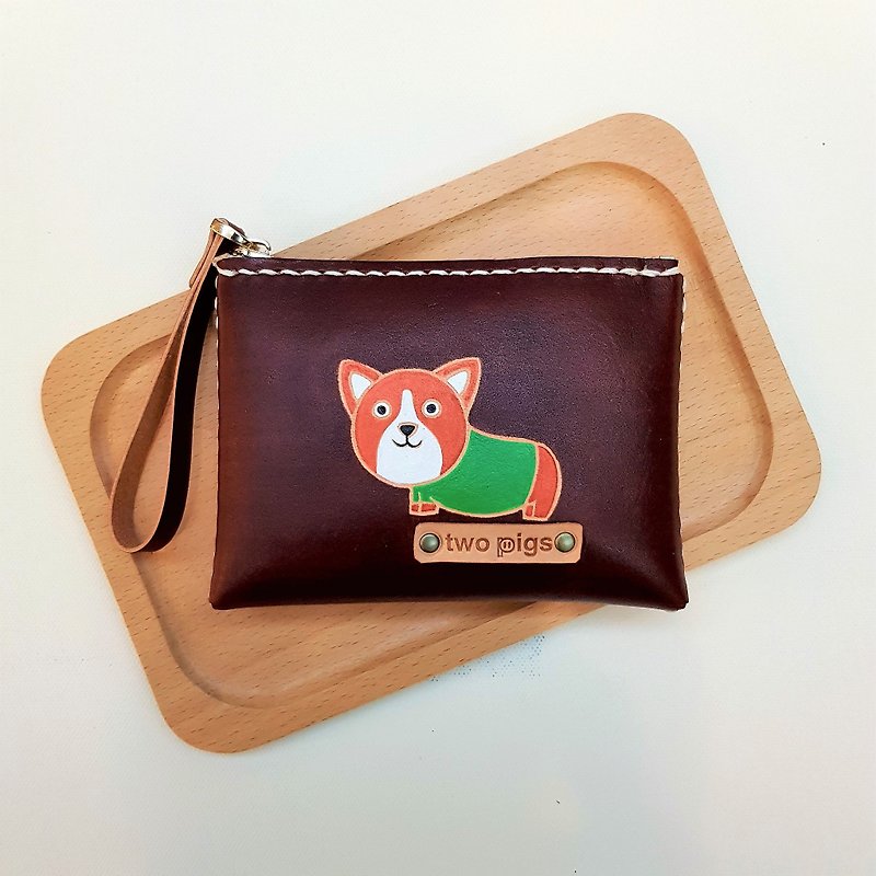 Coin purse_pure cowhide_corgi_can play English name - Wallets - Genuine Leather Brown