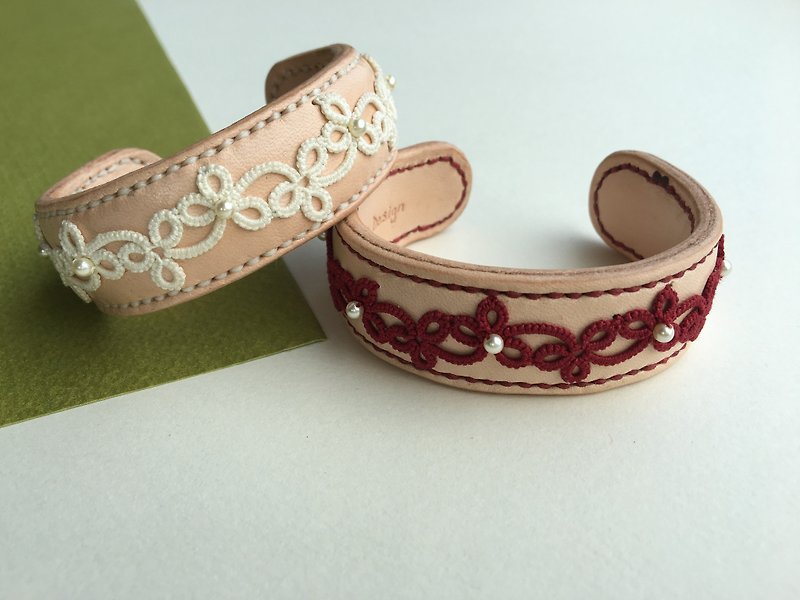 Vine - tatted lace leather bracelet/ - Bracelets - Genuine Leather White