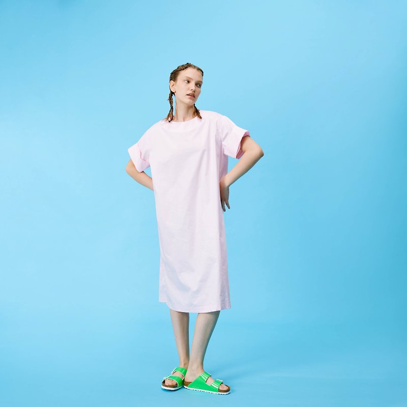 10 MOOn Summer simple  Pink short sleeve dress - ชุดเดรส - ผ้าฝ้าย/ผ้าลินิน สึชมพู