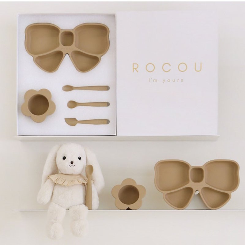 【韓國ROCOU】副食品新手 5件套組-蝴蝶結 - 兒童餐具/餐盤 - 矽膠 