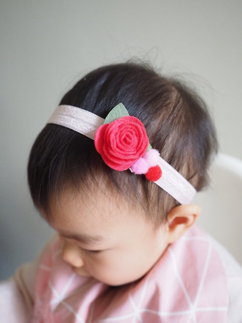 sunflowercorsage 嬰兒女孩羊毛氈紅色小花彈性髮帶 適合百日宴彌月拍攝