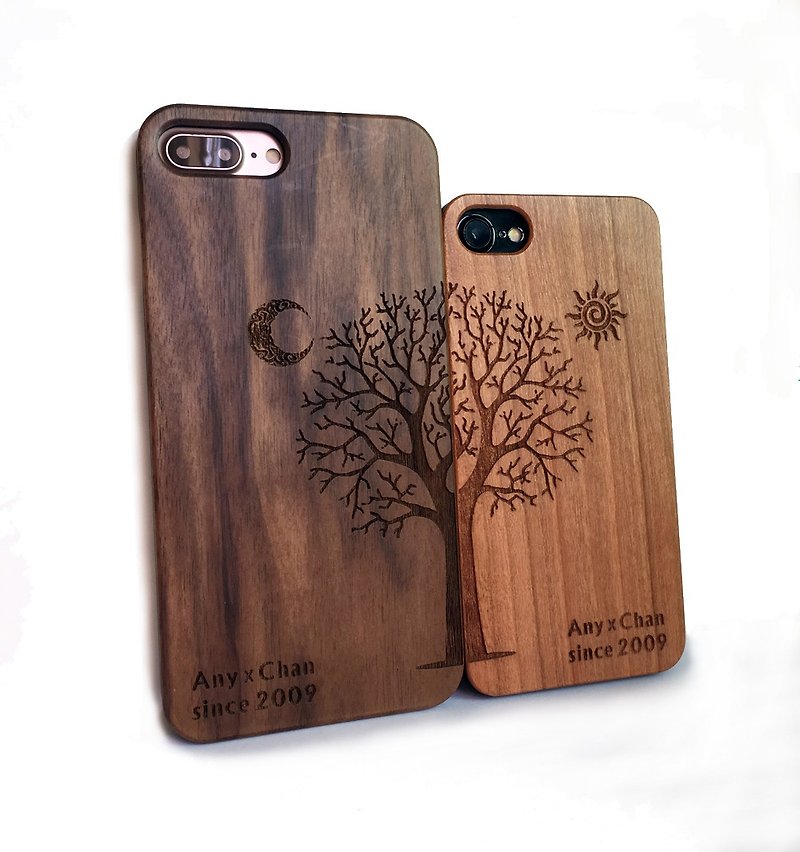 Customized solid wood couple mobile phone case, solid wood iPhone Samsung mobile phone case, couple mobile phone case, big tree - เคส/ซองมือถือ - ไม้ 