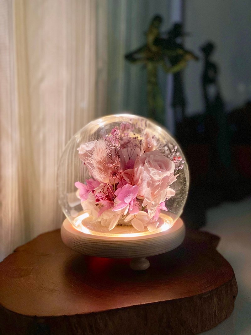 [Customized Gift] Rose Hydrangea Magic Ball Glass Lampshade Dry Flower Immortal Flower Girl - Dried Flowers & Bouquets - Plants & Flowers Pink