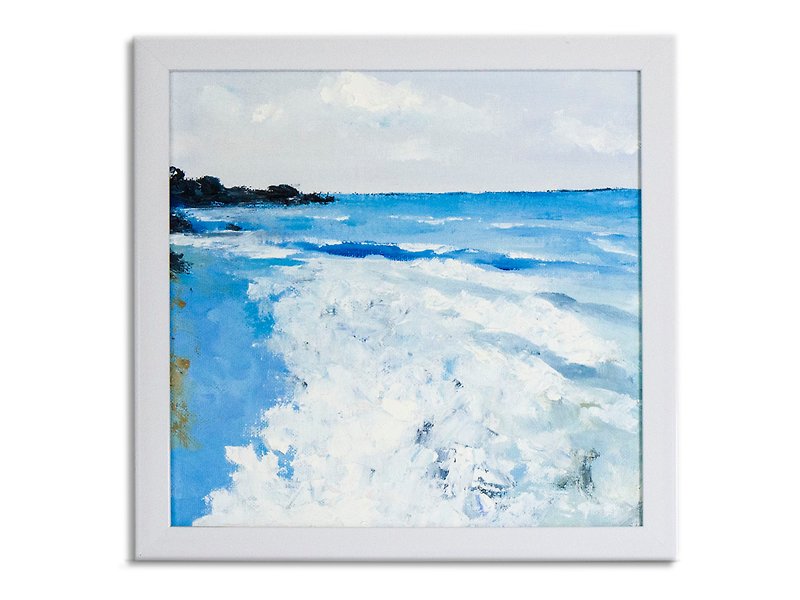 Coastal Landscape Art Seascape Original Painting Moody Ocean Wave Sky Blue - 海報/掛畫/掛布 - 其他材質 藍色