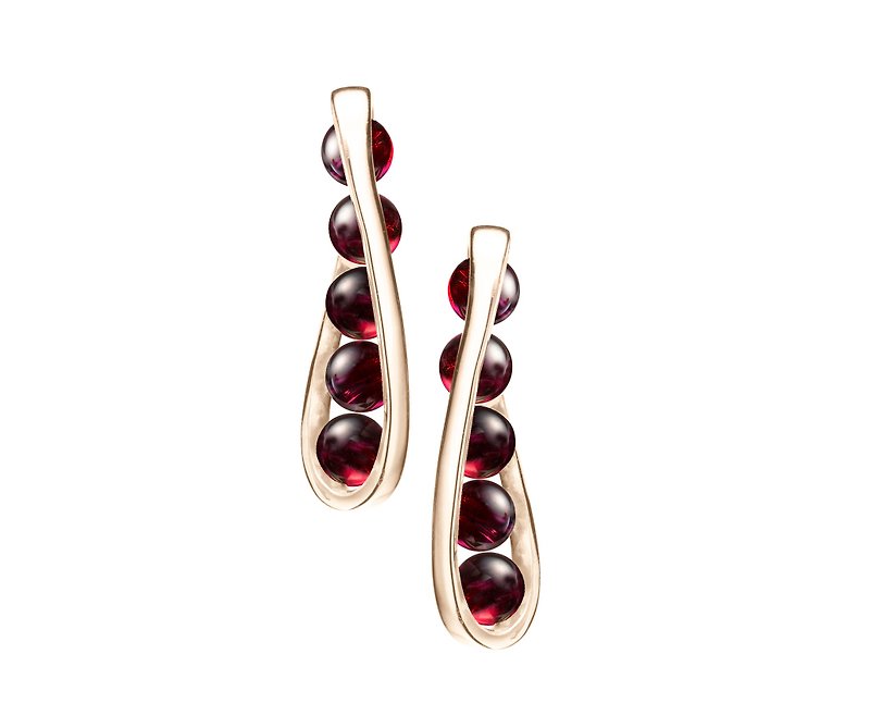 Garnet Gold Bar Earrings, Red Stone Stud Earrings, January Birthstone Earrings - ต่างหู - เครื่องประดับ สีแดง
