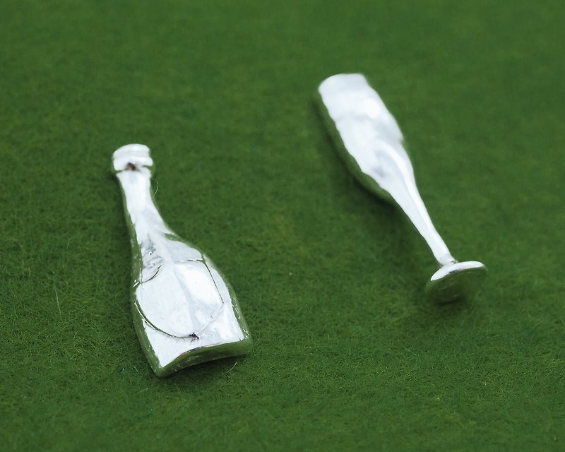 Champagne earrings - Bottle glass - Asymmetrical pierce - post earrings - Earrings & Clip-ons - Other Metals Silver