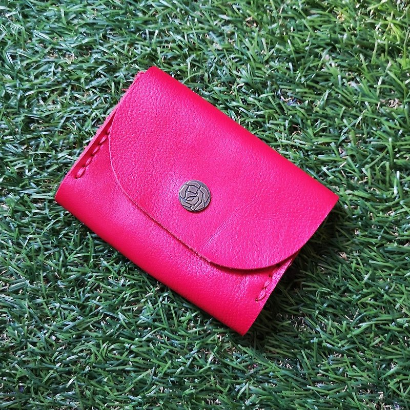 Double-layer card leather coin purse - red leather flower buckle version - Coin Purses - Genuine Leather 