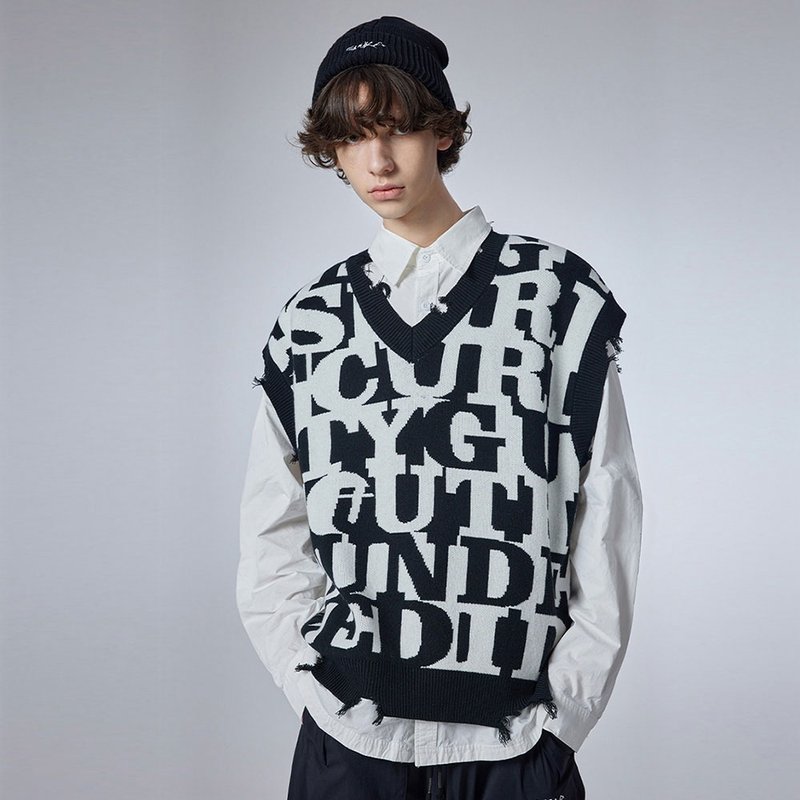 黑色磨破V領毛衣背心  男士滿印提花針織衫無袖馬甲 - 女毛衣/針織衫 - 棉．麻 黑色