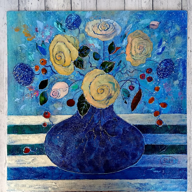 Roses Still life Flowers Hand work ORIGINAL Acrylic Painting 40 cm / 16 inch - Wall Décor - Other Materials Multicolor