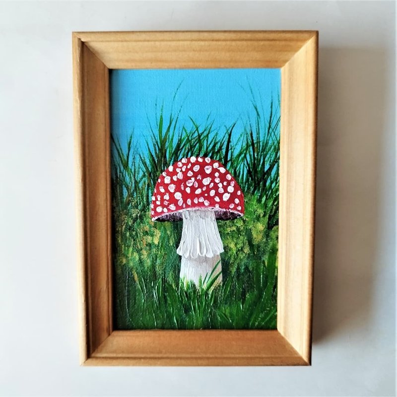 Mushroom small painting original artwork Fly agaric wall decoration impasto art - Wall Décor - Acrylic Multicolor