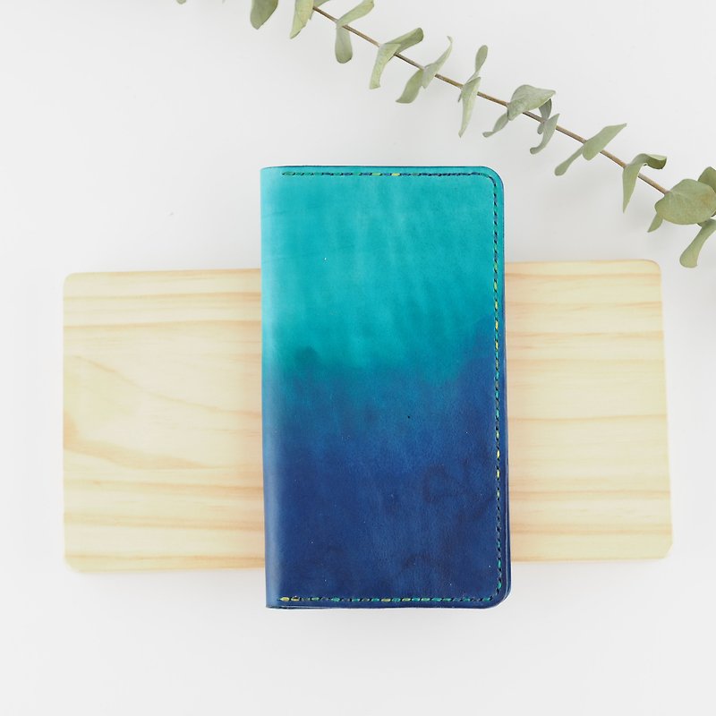 Leather long clip type card holder business card holder turquoise blue gradient color - กระเป๋าสตางค์ - หนังแท้ หลากหลายสี
