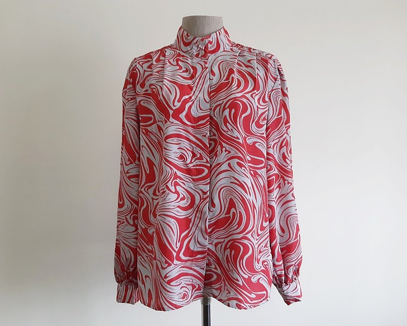 Vintage Gray Red Abstract Print Blouse - เสื้อผู้หญิง - เส้นใยสังเคราะห์ สีแดง