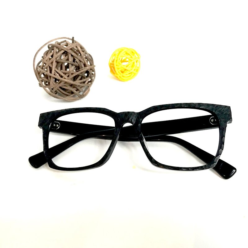 (無型號)Black Handcrafted and Hand carved Rectangle eyeglasses - Glasses & Frames - Plastic Black