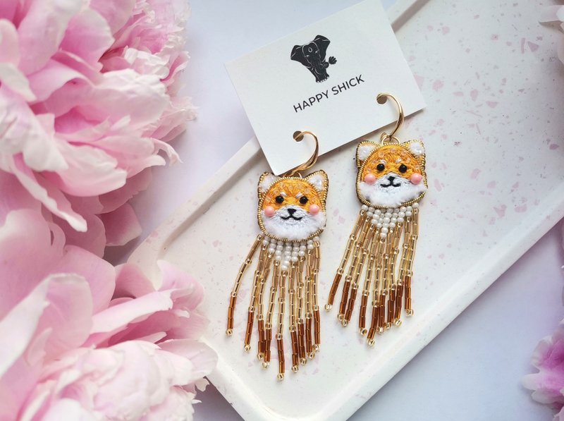 Shiba inu earrings beaded, shiba inu jewelry - 耳環/耳夾/耳骨夾 - 玻璃 橘色