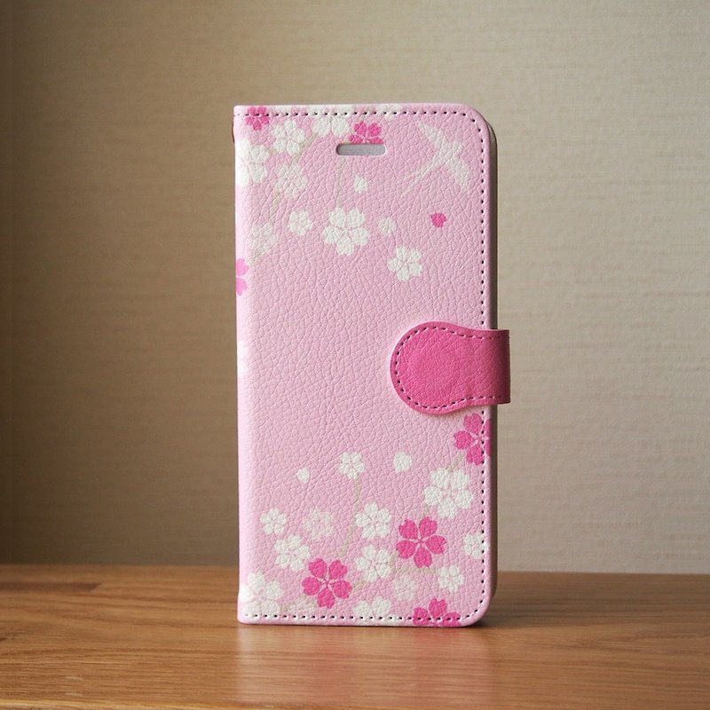 【Notebook type android phone case】Japanese Cherry Blossoms & Swallow - เคส/ซองมือถือ - วัสดุอื่นๆ สึชมพู