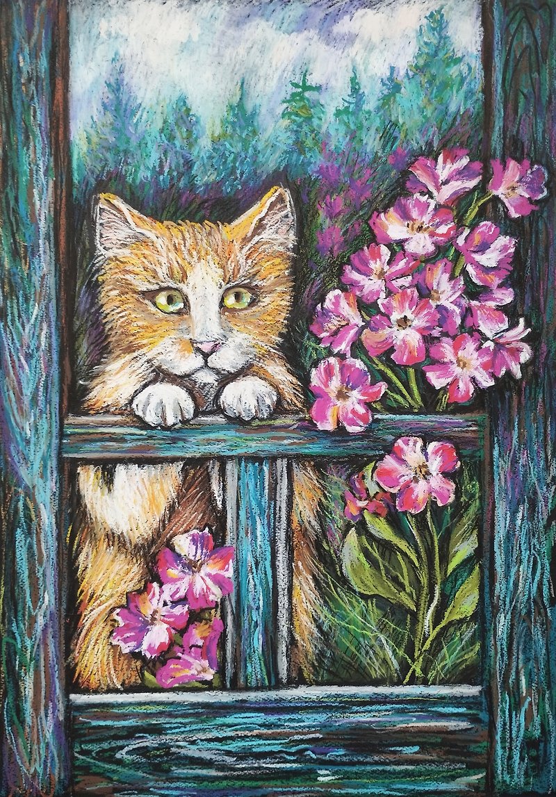 赤い猫の肖像画アート絵画オイルパステル動物の絵フローレスアート夏 - ウォールデコ・壁紙 - 紙 グリーン