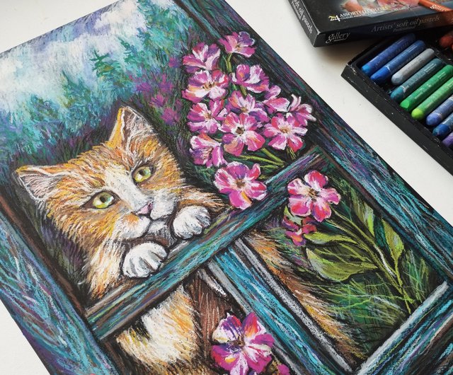 赤い猫の肖像画アート絵画オイルパステル動物の絵フローレスアート夏 - ショップ Nadinart ウォールデコ・壁紙 - Pinkoi