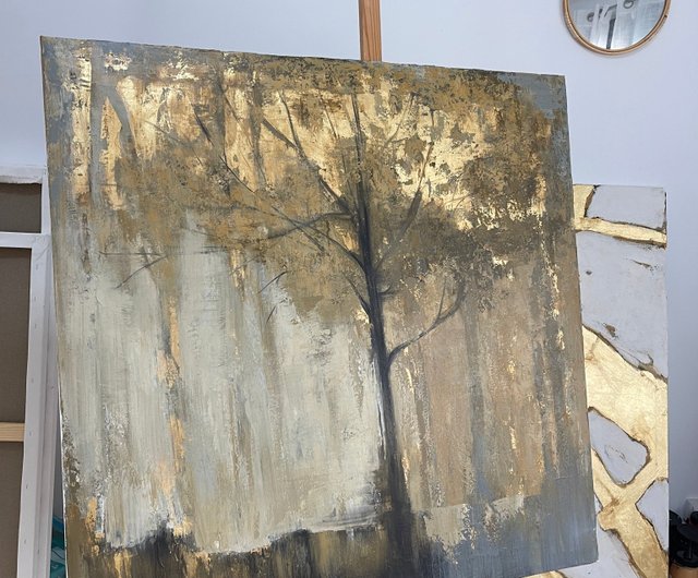 黄金の木の抽象芸術 アース トーンの森の絵画 テクスチャのある自然の