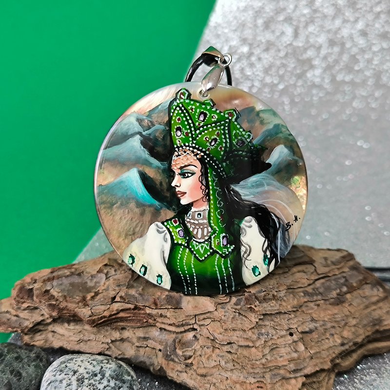 Mistress of the Copper Mountain painted on elegant pearl pendant. Russian cutie - Necklaces - Shell Green