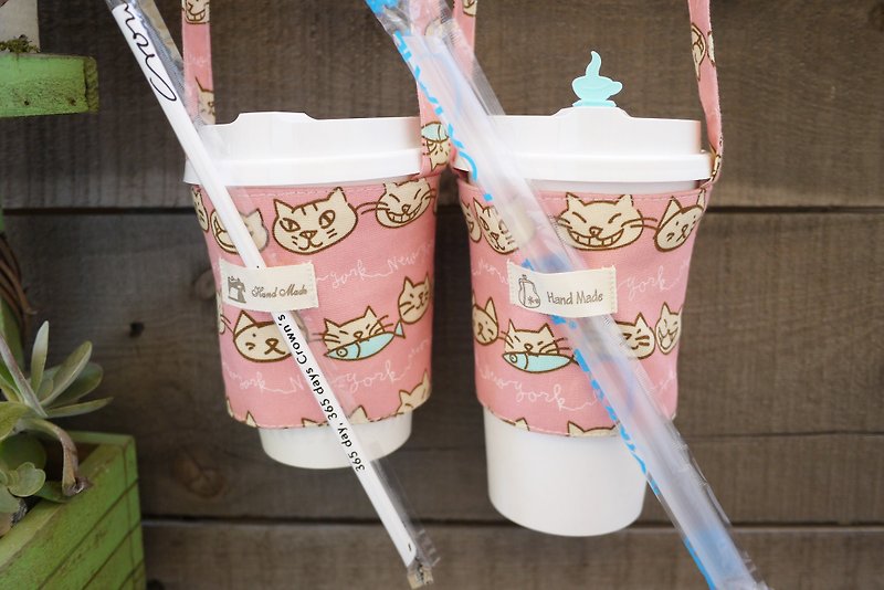 Beverage bag ~ cats who love fish ~ macaron powder ~ - Beverage Holders & Bags - Cotton & Hemp Pink