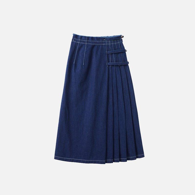 #695 Dark blue denim skirt high waist a-line skirt asymmetrical design mid-length skirt - Skirts - Cotton & Hemp Blue
