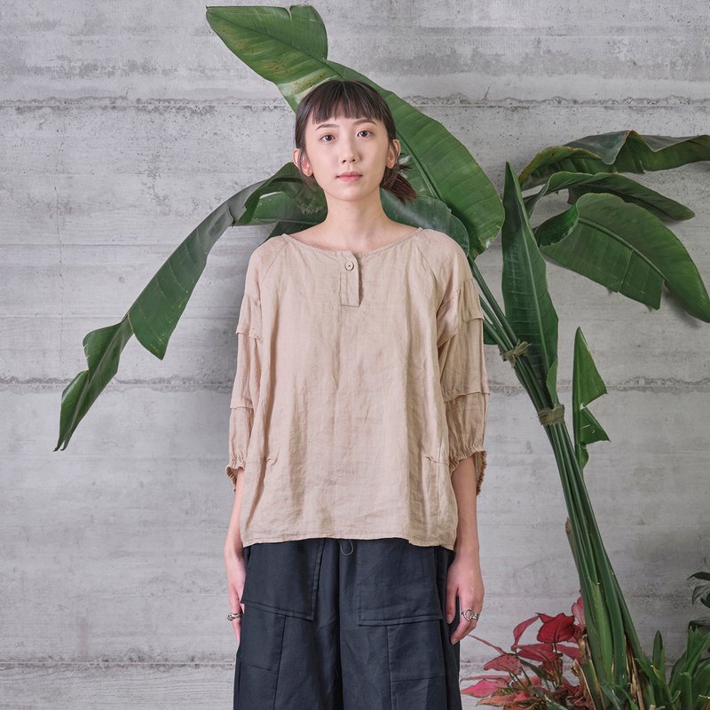 原生單釦層次袖上衣 | 熱銷補貨 - 女上衣/長袖上衣 - 棉．麻 卡其色