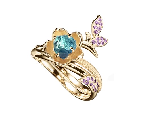 Majade Jewelry Design 藍寶石14k金紫水晶梅花求婚戒指套裝 獨特植物原石訂婚戒指組合