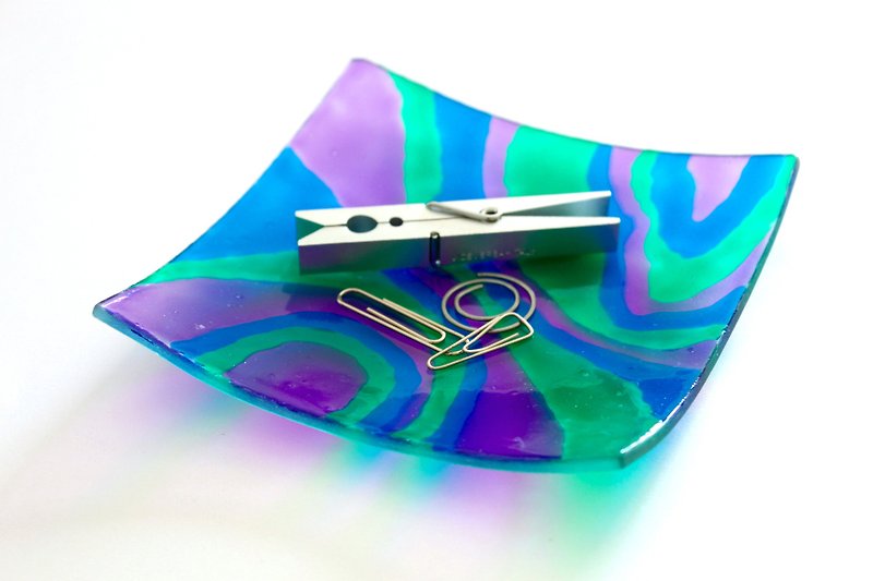 Galaxy Purple Green Blue Stained Glass Jewelry Dish・Space Lover Gift - Items for Display - Glass Multicolor