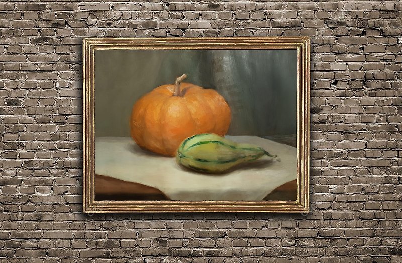 Still Life Painting Pumpkin Original Art Vegetable Wall Art Oill Painting - 壁貼/牆壁裝飾 - 其他材質 橘色