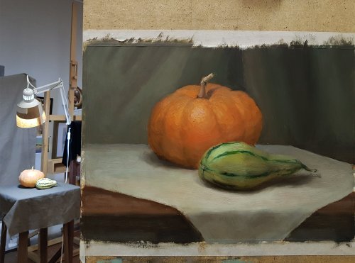 静物画カボチャオリジナルアート野菜壁アート油絵 - ショップ