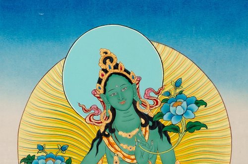 縁起物　タンカ グリーンタラ（緑度母） チベット仏教 手描き　時代物 縁起物 タンカ グリーンタラ（緑度母） チベット仏教 手描き