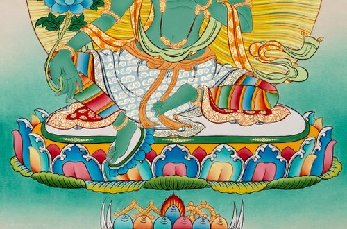 縁起物　タンカ グリーンタラ（緑度母） チベット仏教 手描き　時代物 縁起物 タンカ グリーンタラ（緑度母） チベット仏教 手描き
