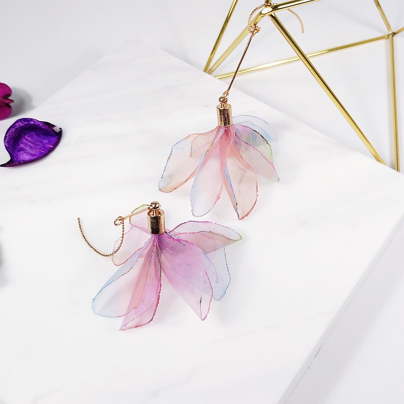 INFINITY Thousands of Sweet Fantasy Violet Yarn Ribbon Flower Earrings / Clip Gift Lovers - Earrings & Clip-ons - Cotton & Hemp Pink