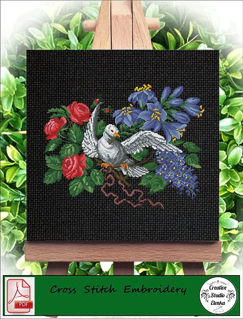 CreativeStudioElenka Vintage Cross Stitch Scheme Pigeon and bluebells - PDF Embroidery Scheme