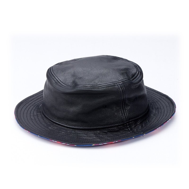 Fisherman Hat Sheepskin Hat Natural Leather Genuine Leather Hat Outdoor Leisure Bucket Hat Black/Yellow - หมวก - หนังแท้ สีดำ